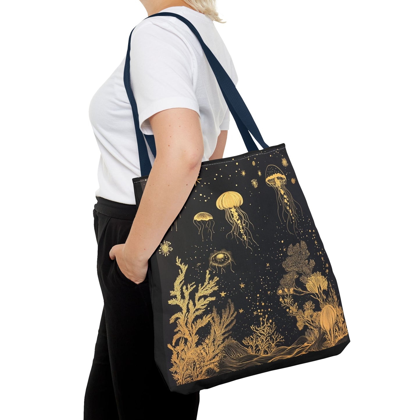 black gold fish and coral tote bag 18"