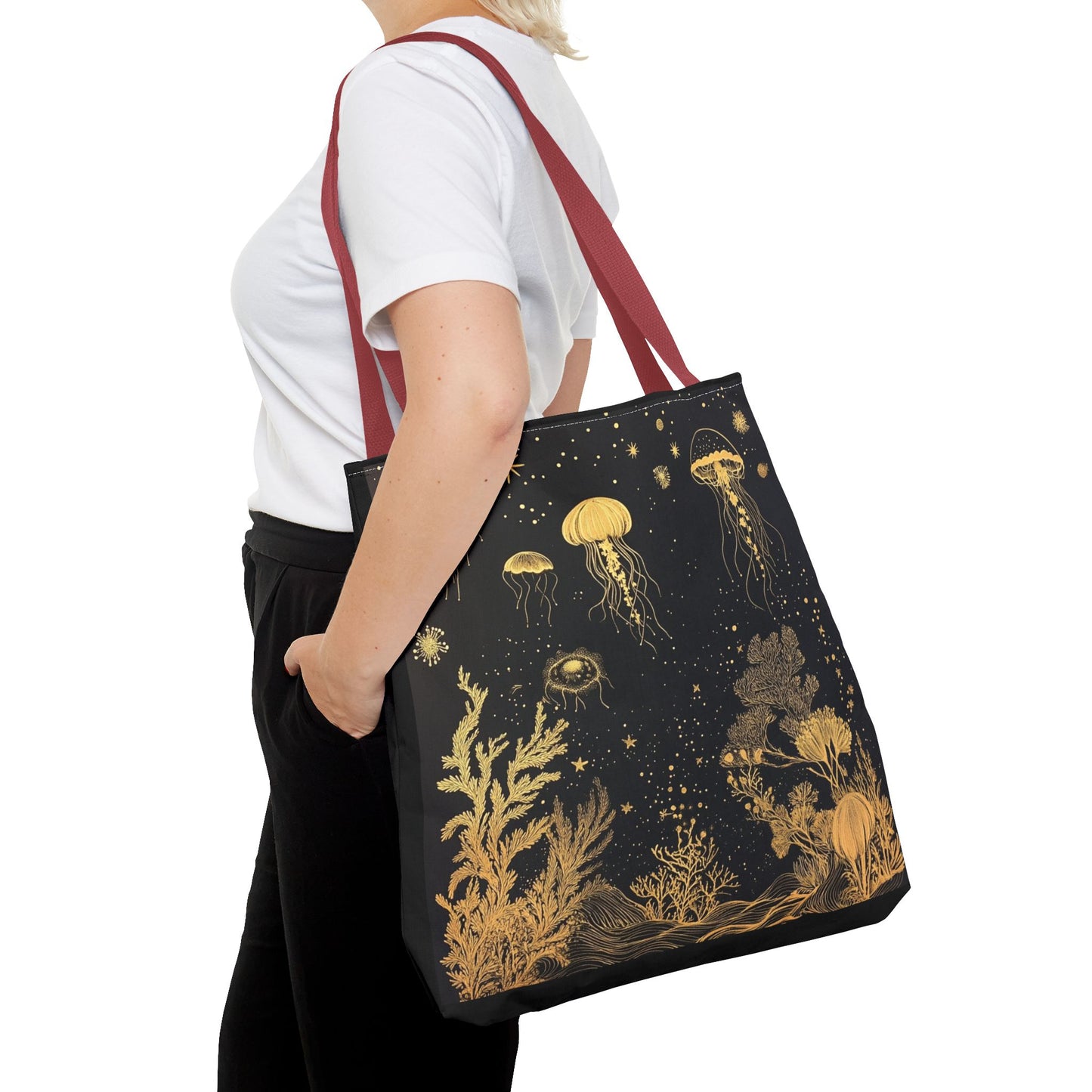 black gold fish and coral tote bag 18"