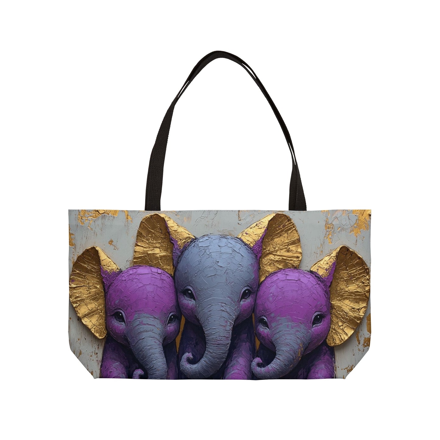 baby elephants- purple-gold large tote weekender tote bag