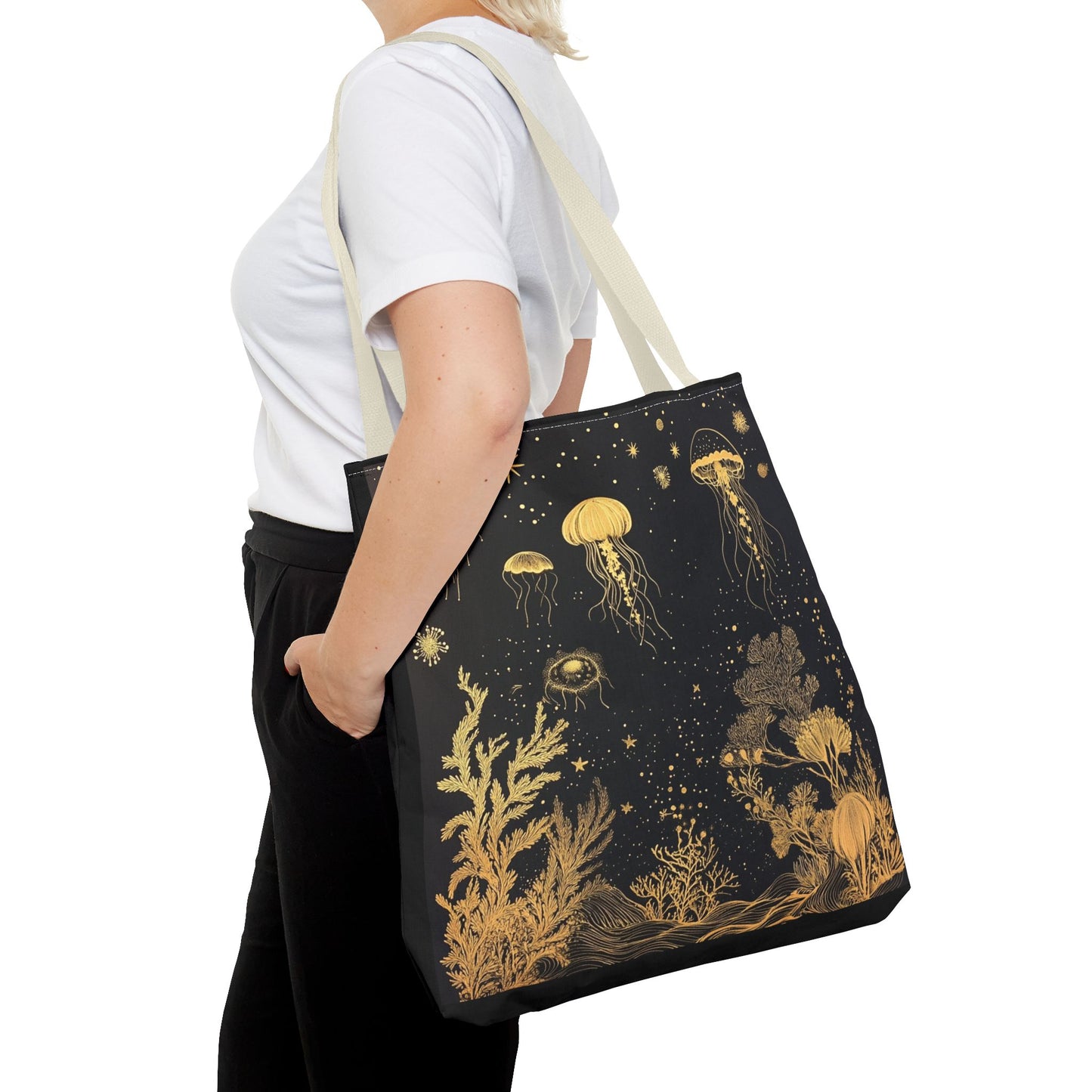 black gold fish and coral tote bag 18"