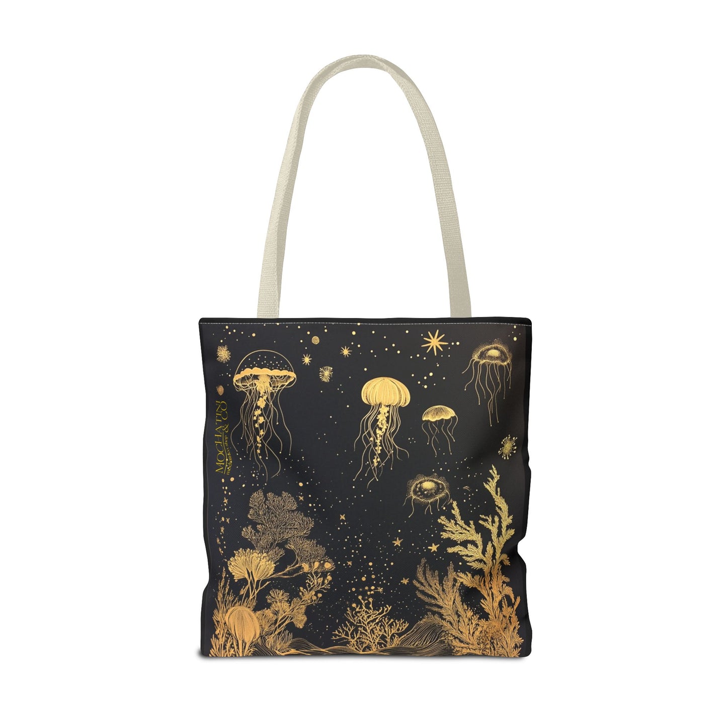 black gold fish and coral tote bag 18"