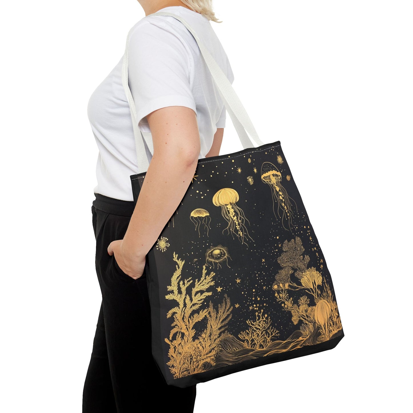 black gold fish and coral tote bag 18"