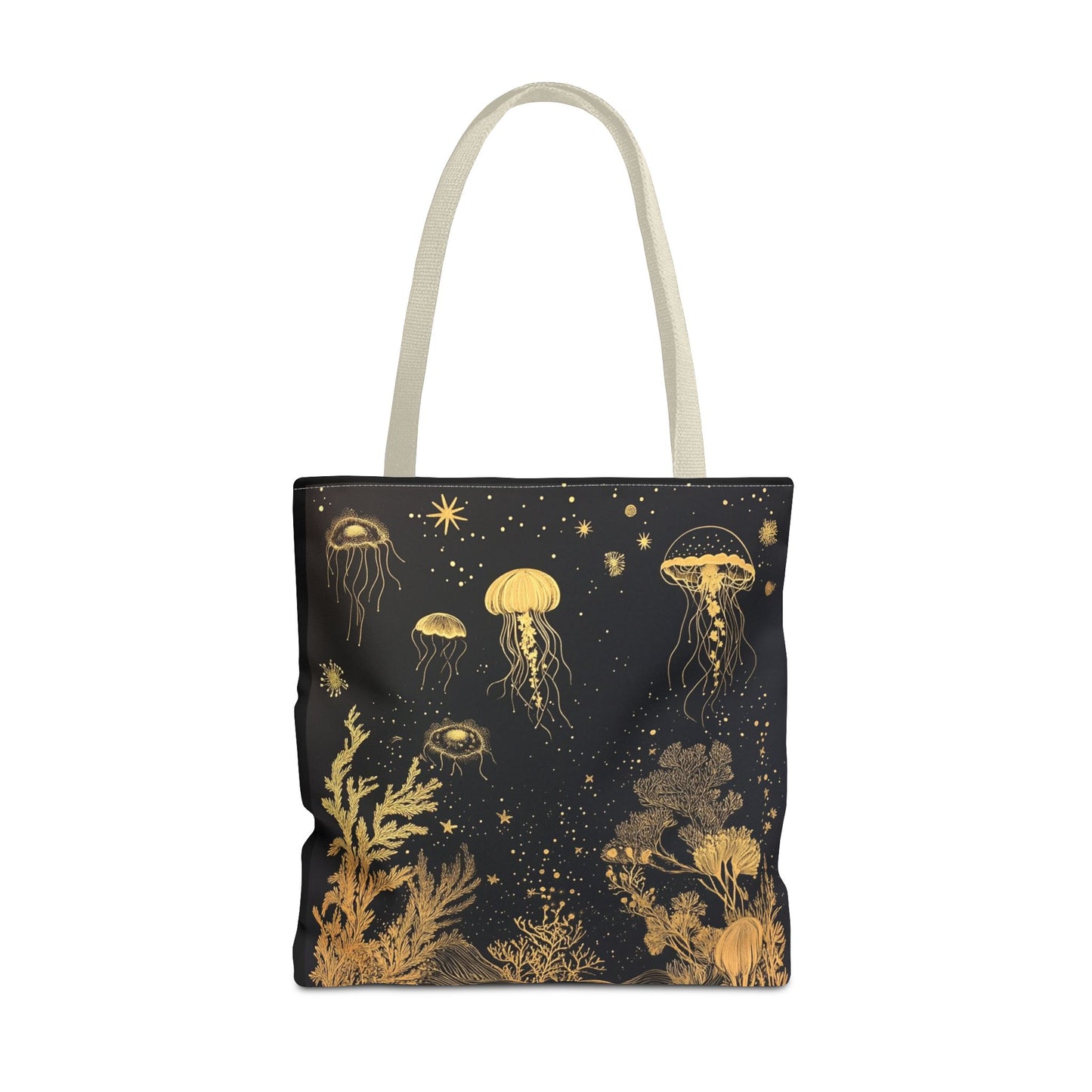black gold fish and coral tote bag 18"
