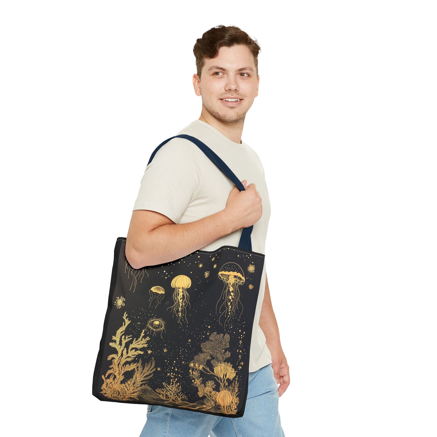 black gold fish and coral tote bag 18"